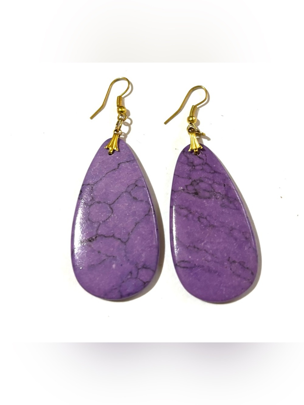 Gold-Trim Purple Teardrop Stone Dangle Earrings